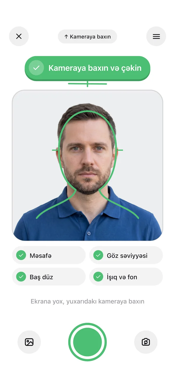 Camera screen: distance, eye level, head straight and light all green